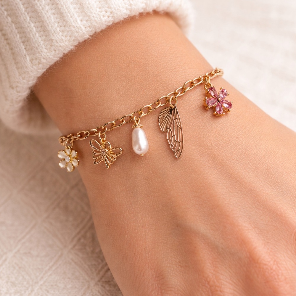 I AM Dainty Charm Bracelet with Pink and Pearl Accents NWT